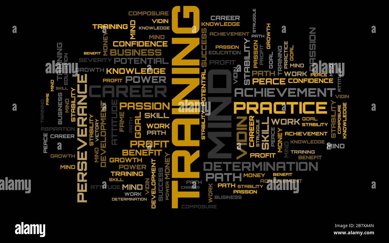 Illustration of orange business words collage on black background Stock Photo