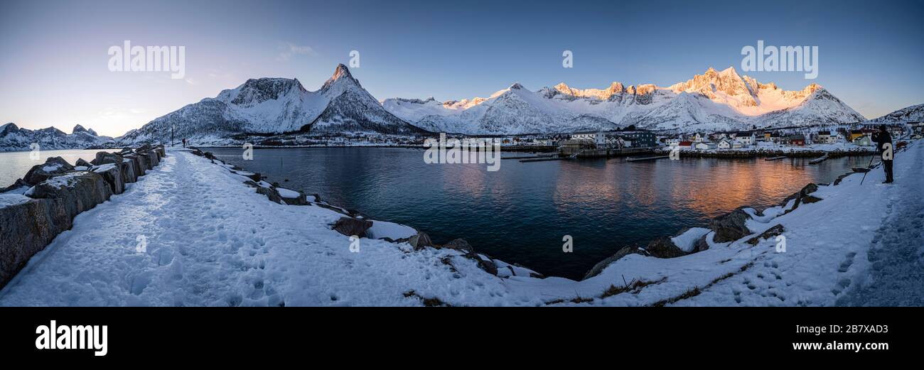 Winter panorama of Mefjordvaer, Senja, Norway. Stock Photo