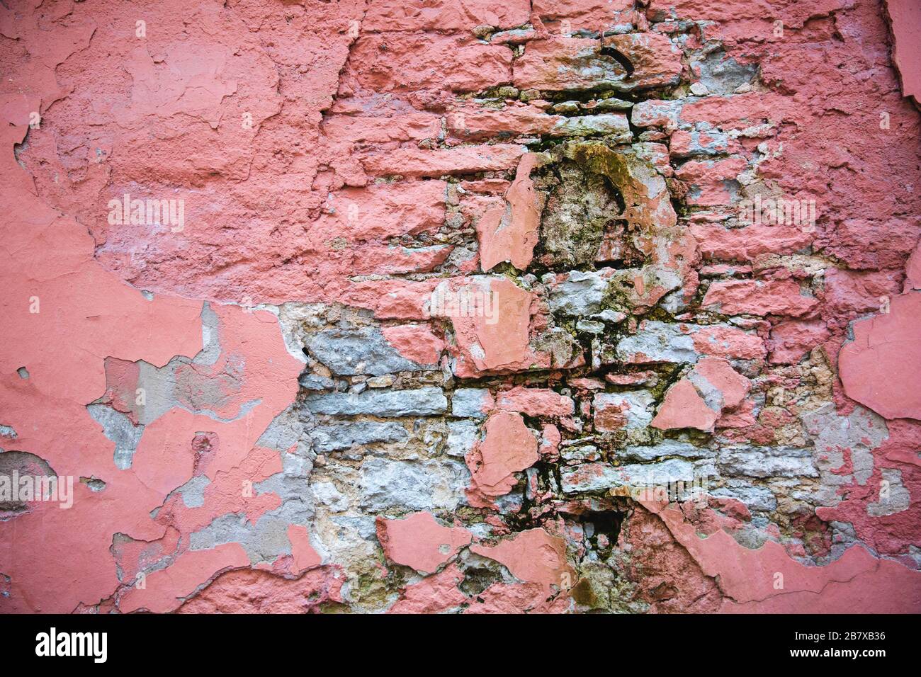 Old Broken Hot Pink Wall with Fading Paint Stock Photo