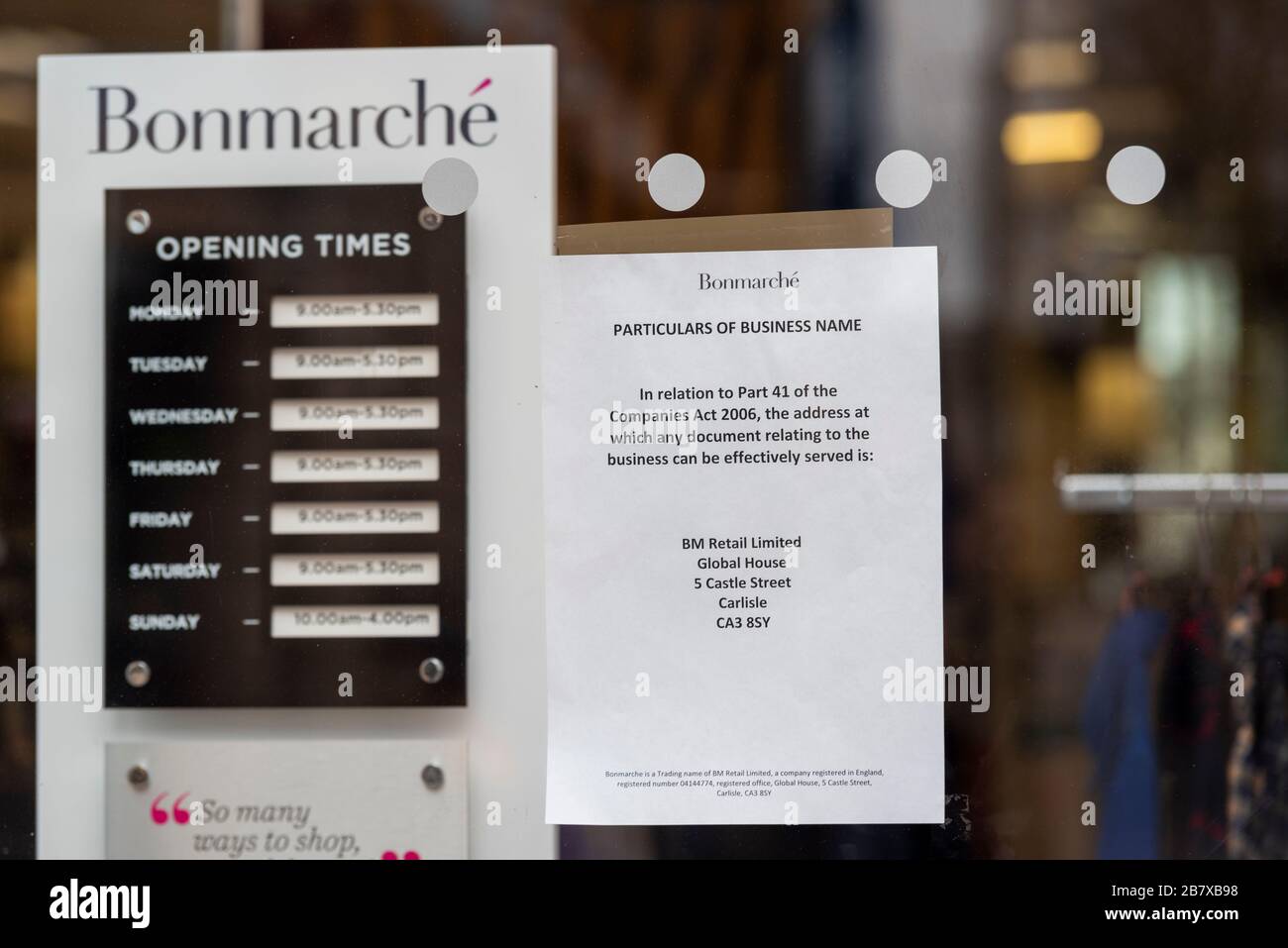 Bonmarche shop in Southend on Sea, Essex, UK. Fashion business in administration. Notice on window giving particulars of business name BM Retail Ltd Stock Photo
