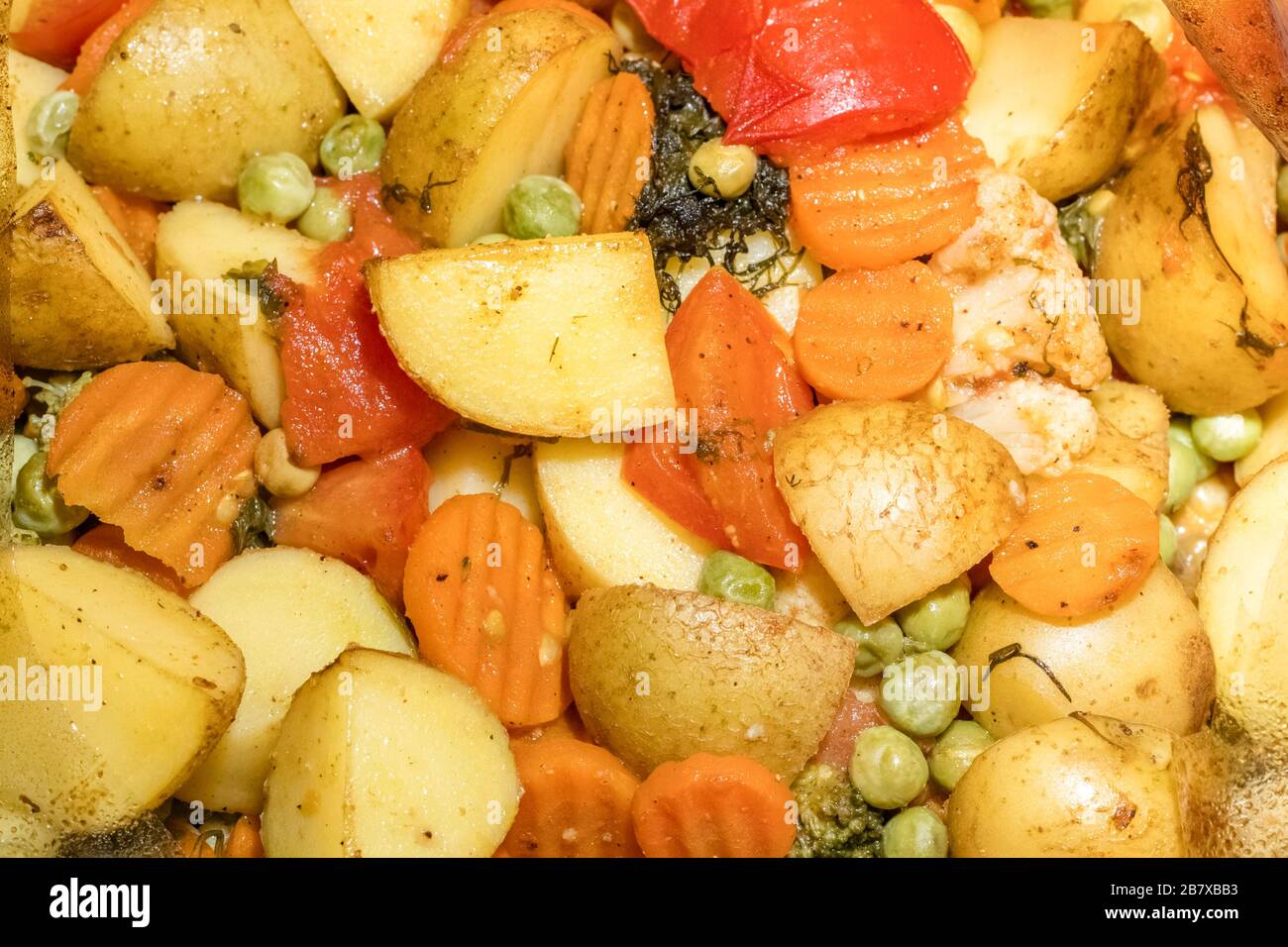 Baked vegetables in the oven baking bag. Background, texture. top view Stock Photo