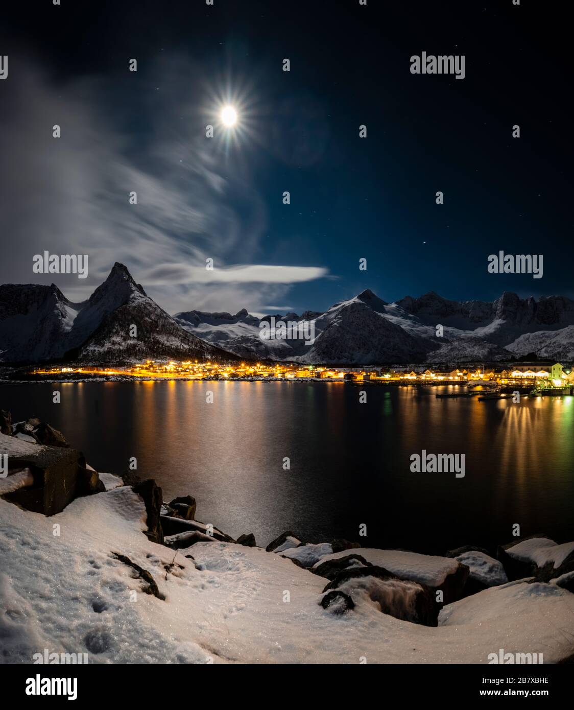 Moonlit winter landscape, Mefjordvaer, Senja, Norway. Stock Photo