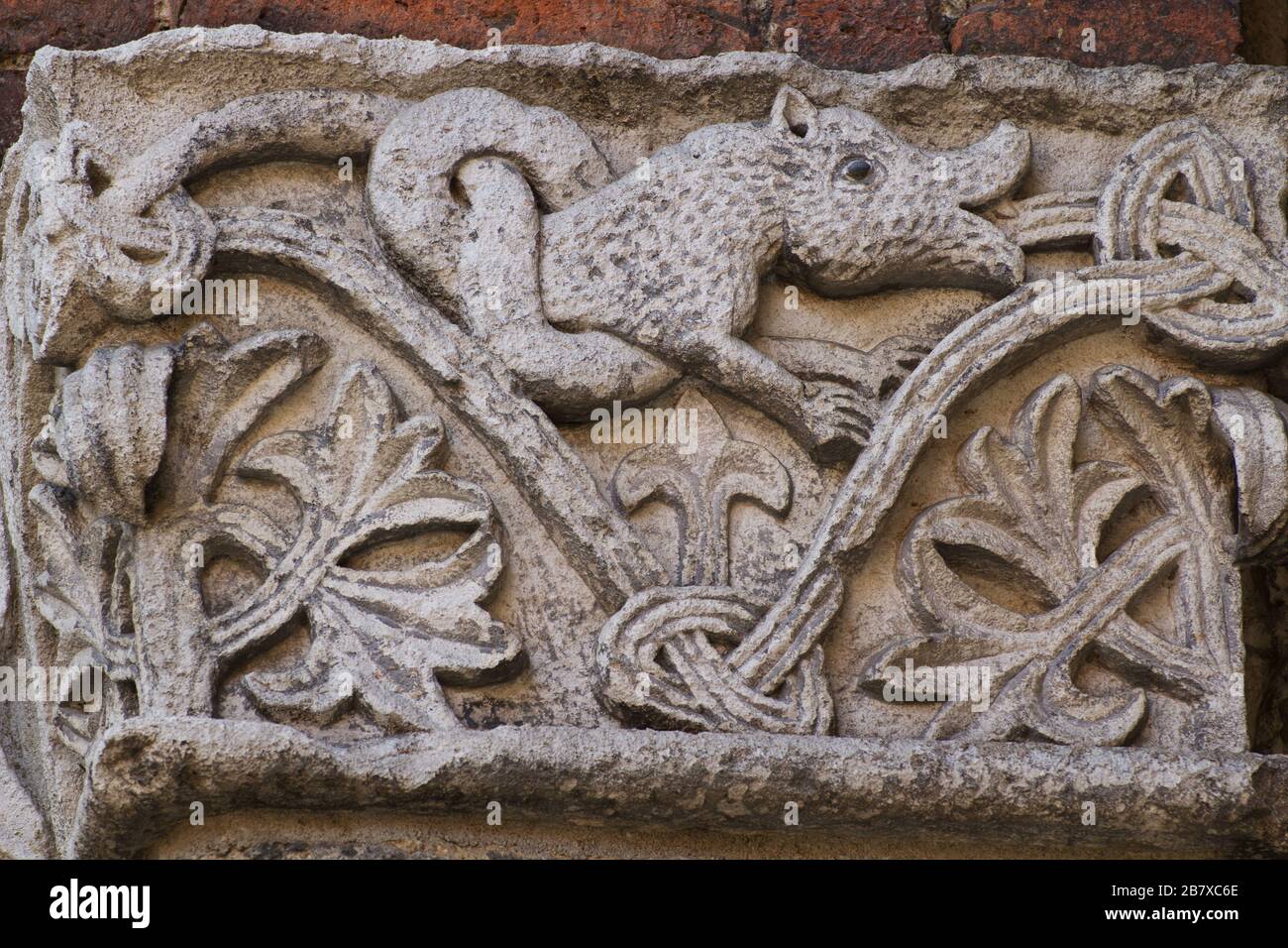 The Medieval Bestiary - Fantastic Animals - Romanesque-style capital - Atrium of Ansperto - Basilica of Sant'Ambrogio - Milan Stock Photo