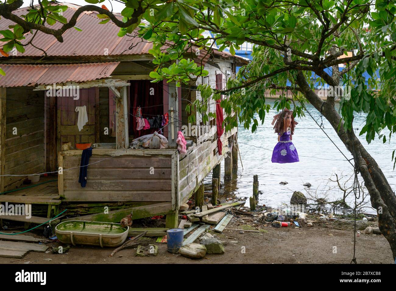 Stilt house on beach, Coxen Hole, Gravel Bay, Roatan, Honduras Stock