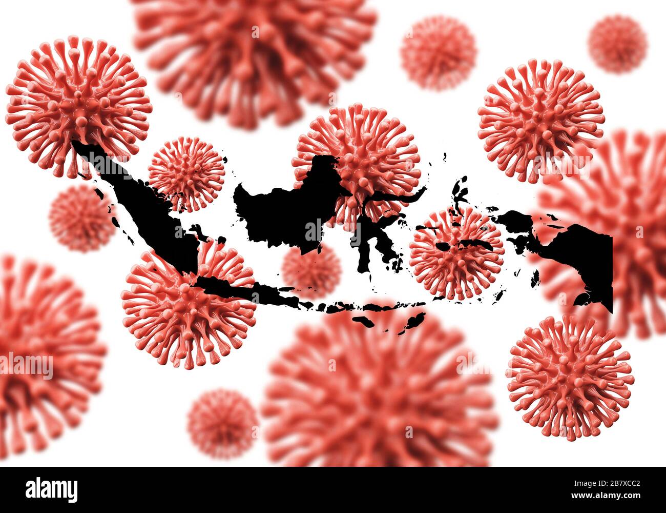 Indonesia map over a scientific virus microbe background. 3D Rendering Stock Photo