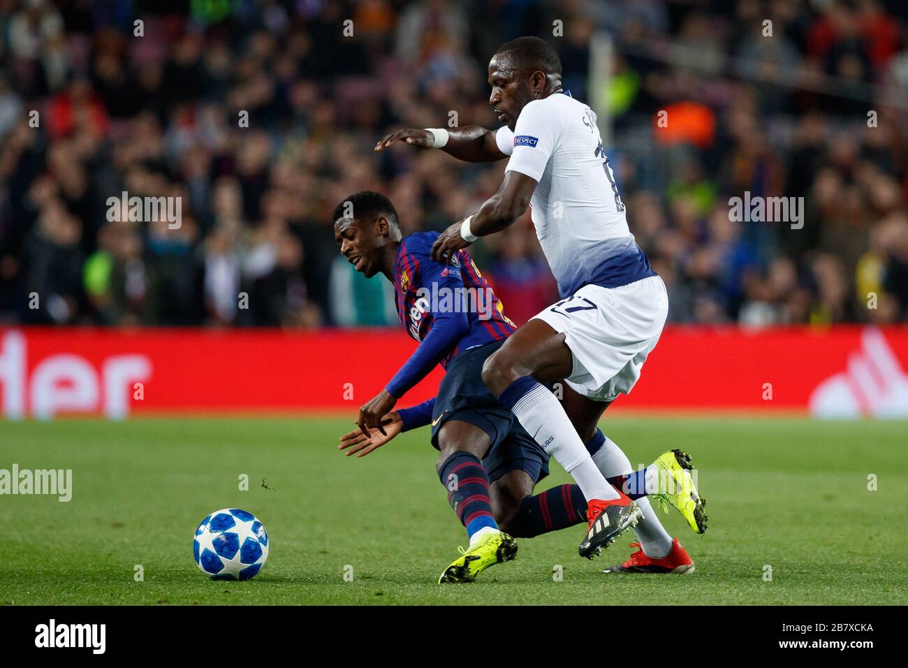 BARCELONA, SPAIN - DECEMBER 11:  Ousmane Dembele of FC Barcelona and Sissoko of Tottenham Hotspurduring the UEFA Champions League Group B match betwee Stock Photo