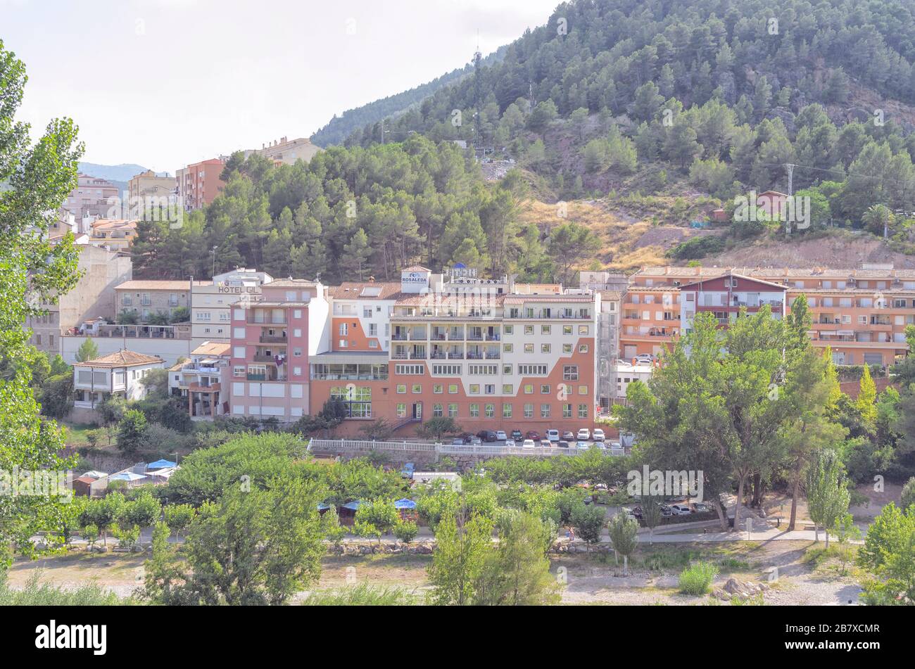 View of 'Rosaleda del Mijares' and 'Gil' hotels. Tourist village of Montanejos, in the region of Castellon (Valencia - Spain). Stock Photo