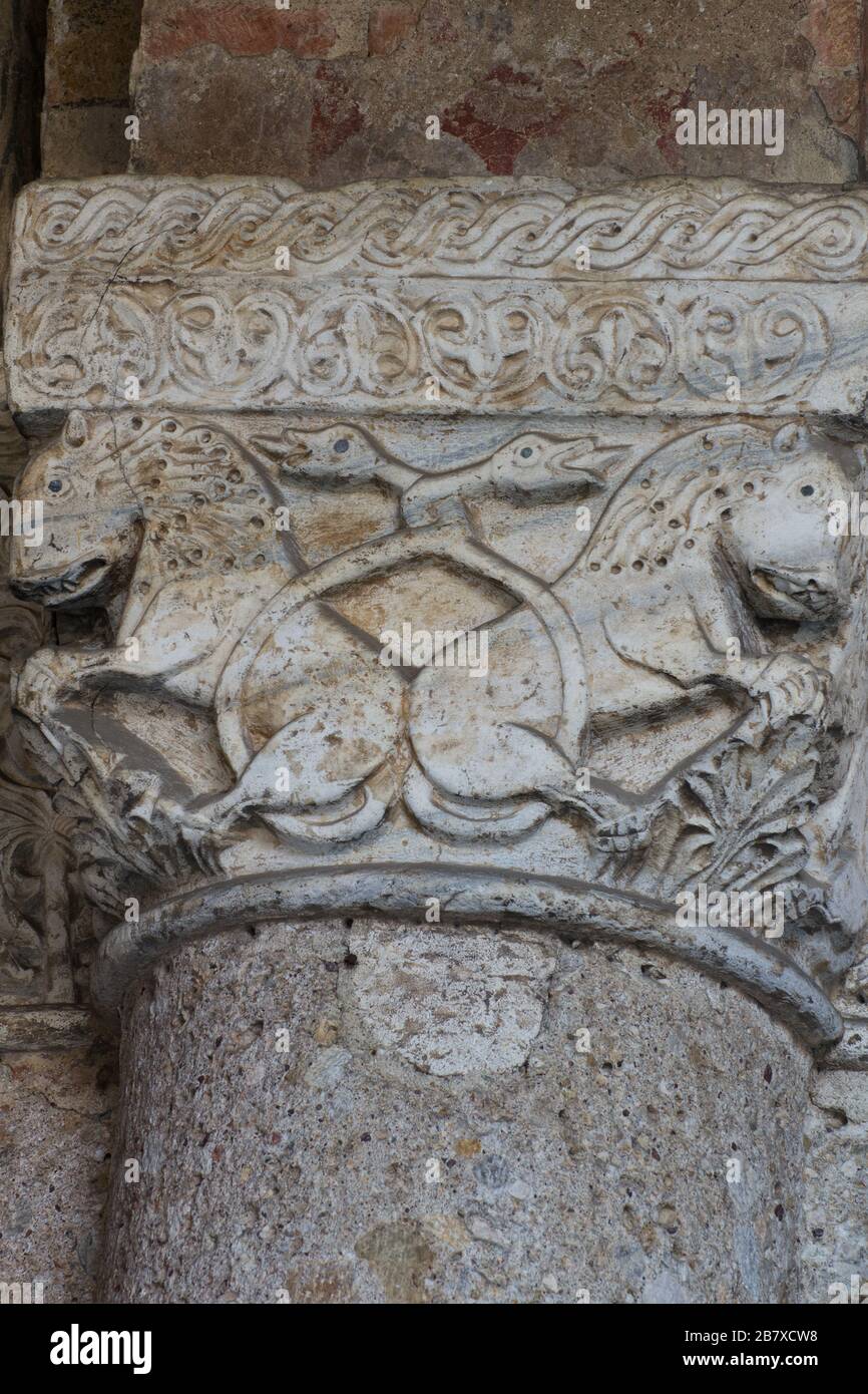 The Medieval Bestiary - Fantastic Animals - Romanesque-style capital - Atrium of Ansperto - Basilica of Sant'Ambrogio - Milan Stock Photo