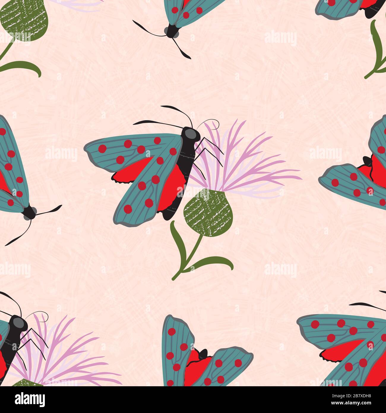 Six spot burnet butterfly seamless vector pattern background. Day flying moth on pink knapweed backdrop. Scottish coastal insect design. All over Stock Vector