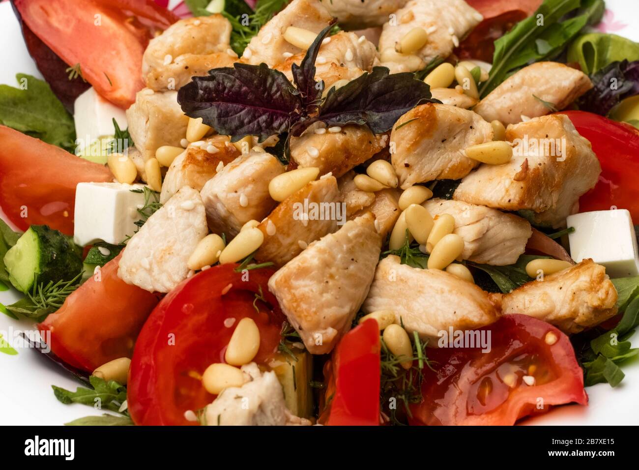 Salad with chicken, tomatoes, soft cheese, cheese and greens, decorated with pine nuts. dressing with olive oil. Close up Stock Photo