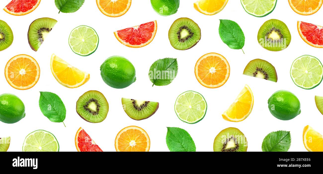 various citrus and kiwi fruits isolated on white background, top view Stock Photo