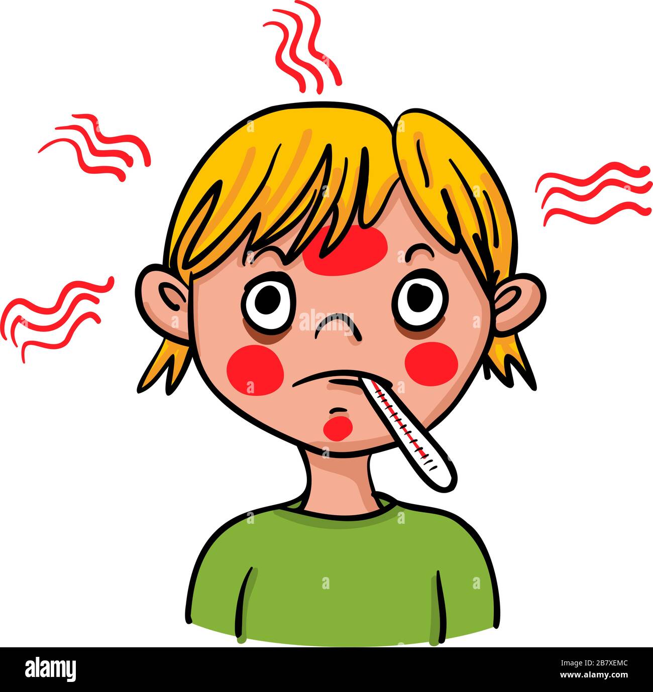 Boy showing symptoms of fever with a fever knife, red face can be the