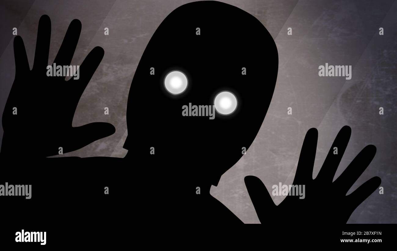 Illustration of a spooky silhouette of a man watching closely, with white eyes on a dark background Stock Photo