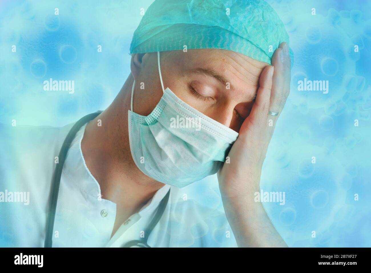 Coronavirus Ilustration, young doctor in cap and mask having an headache, COVID 19 Stock Photo