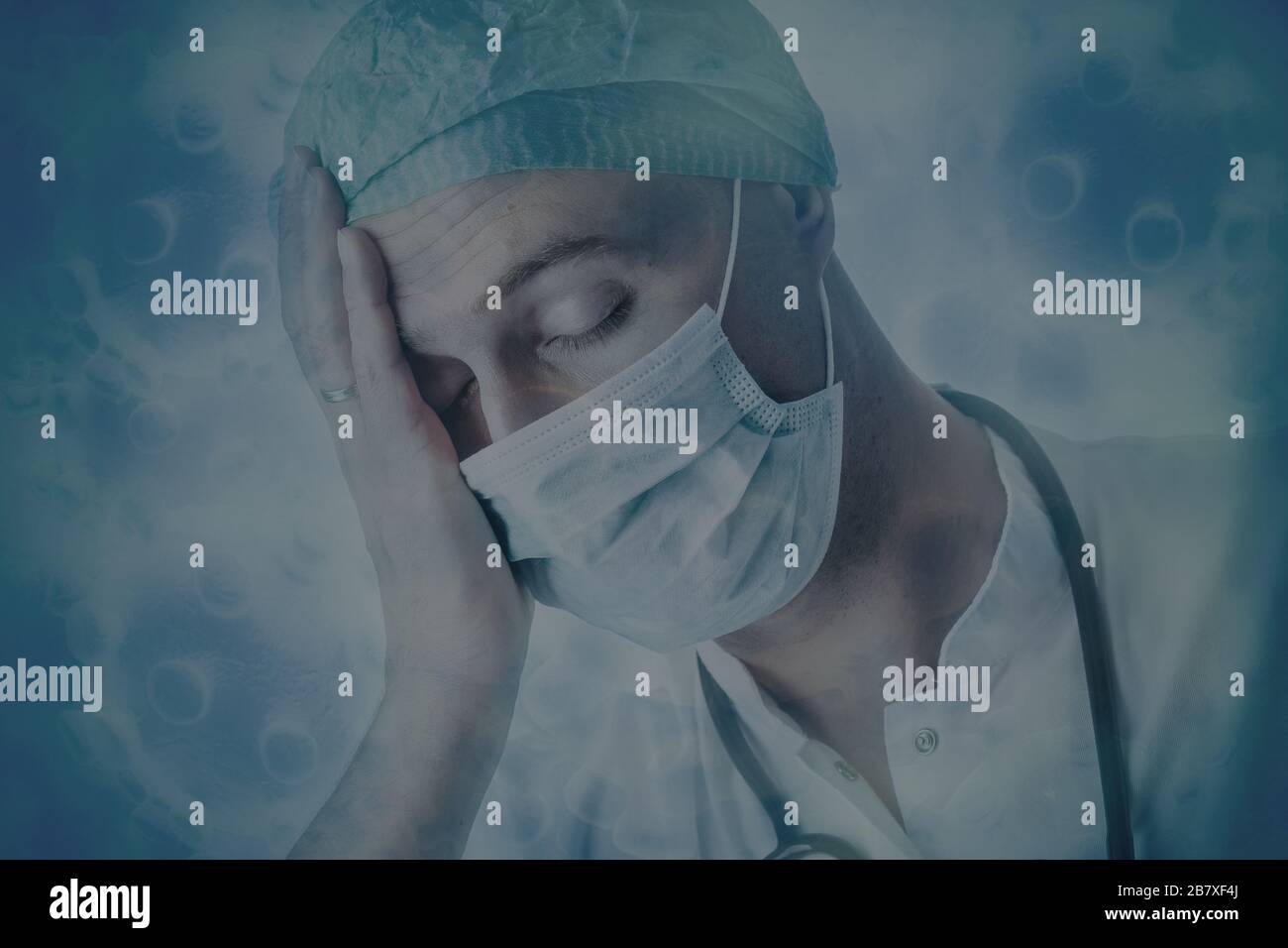 Coronavirus Ilustration, young doctor in cap and mask having an headache, COVID 19 Stock Photo