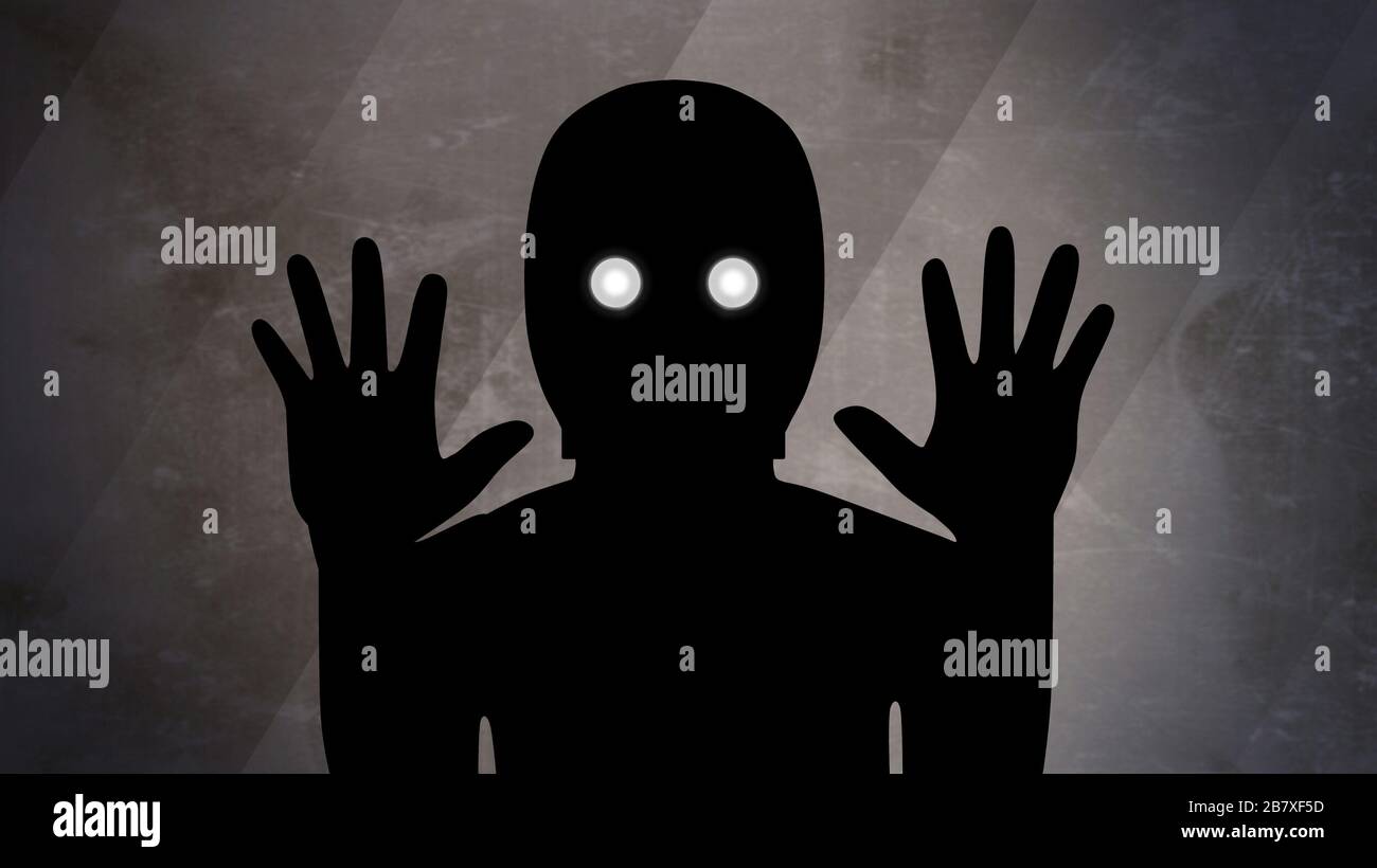 Illustration of a spooky silhouette of a man watching from afar, with white eyes and raised hands on a dark background Stock Photo