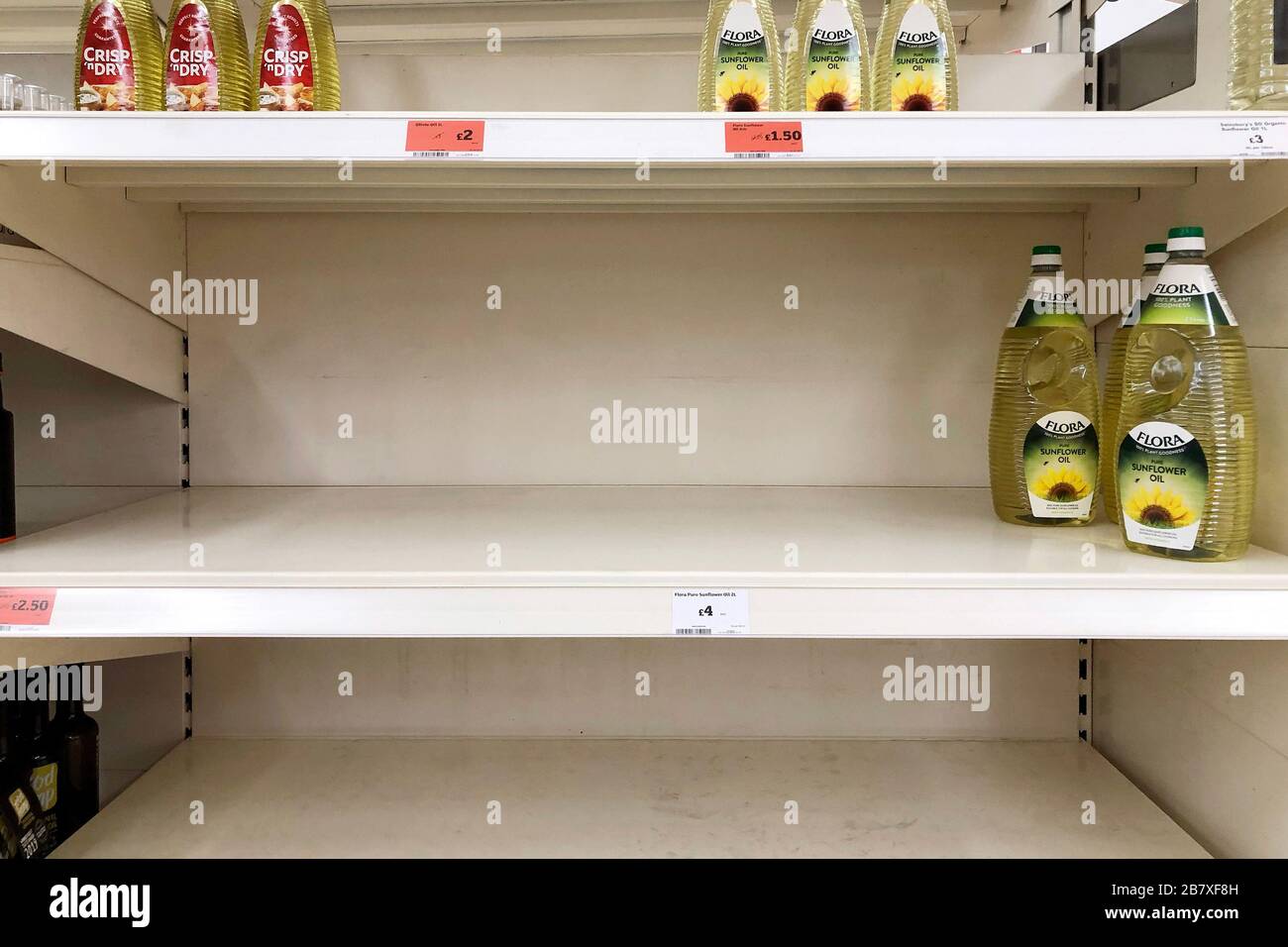 Empty shelves in a Sainsburys store on March 18, 2020 in Upton, Wirral