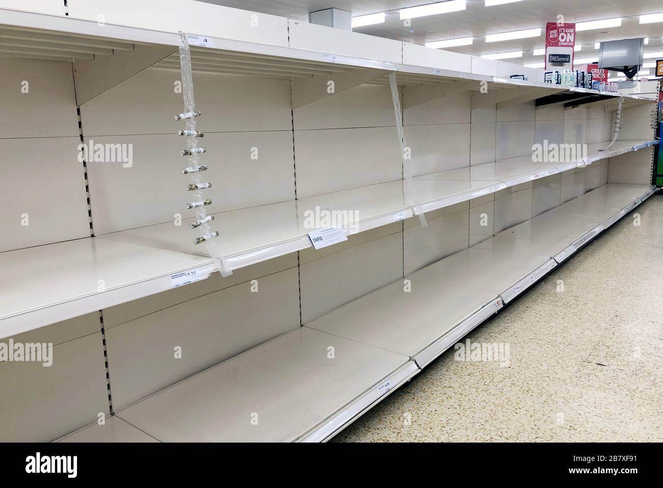 Empty shelves in a Sainsburys store on March 18, 2020 in Upton, Wirral