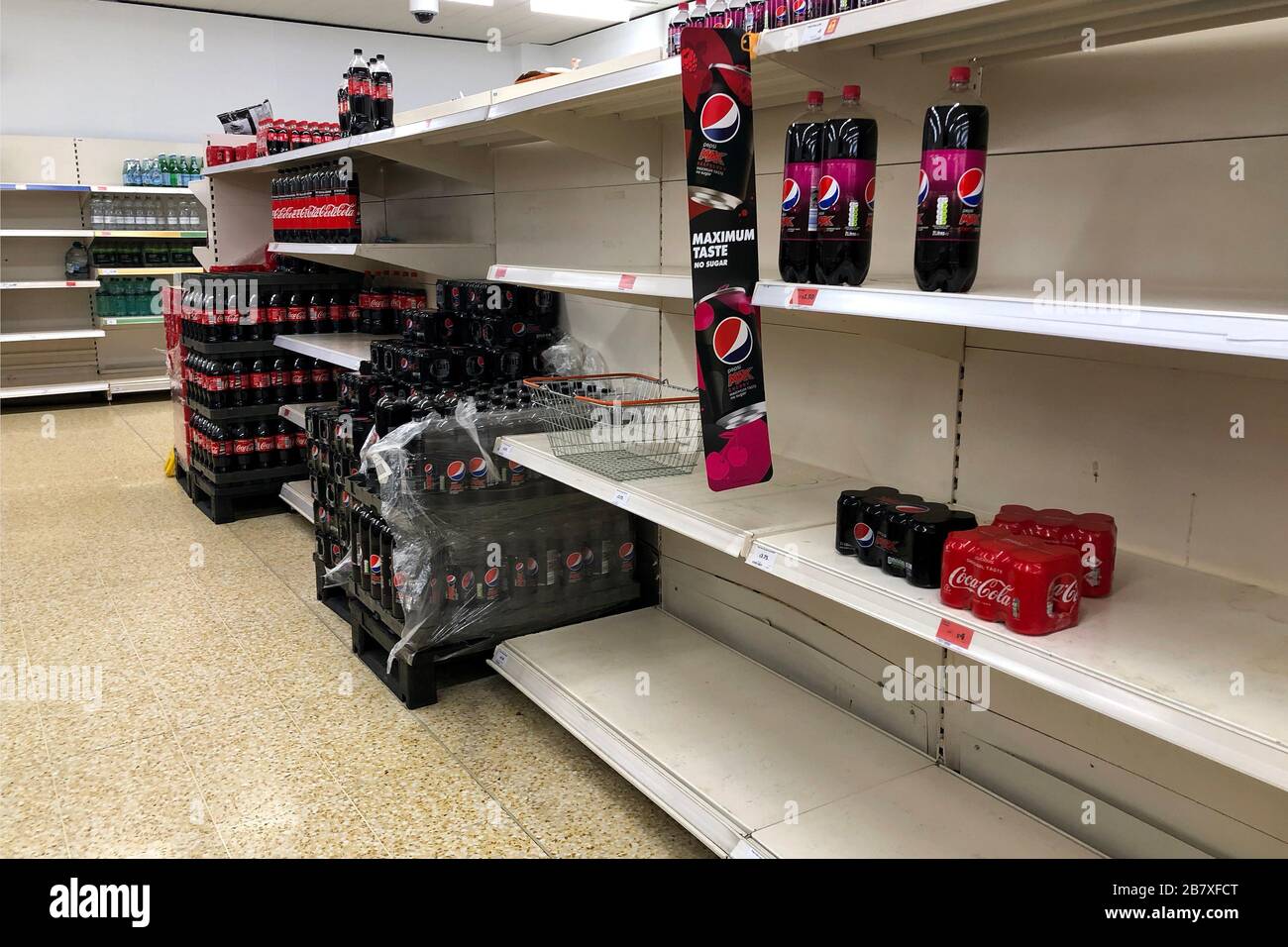Empty shelves in a Sainsburys store on March 18, 2020 in Upton, Wirral