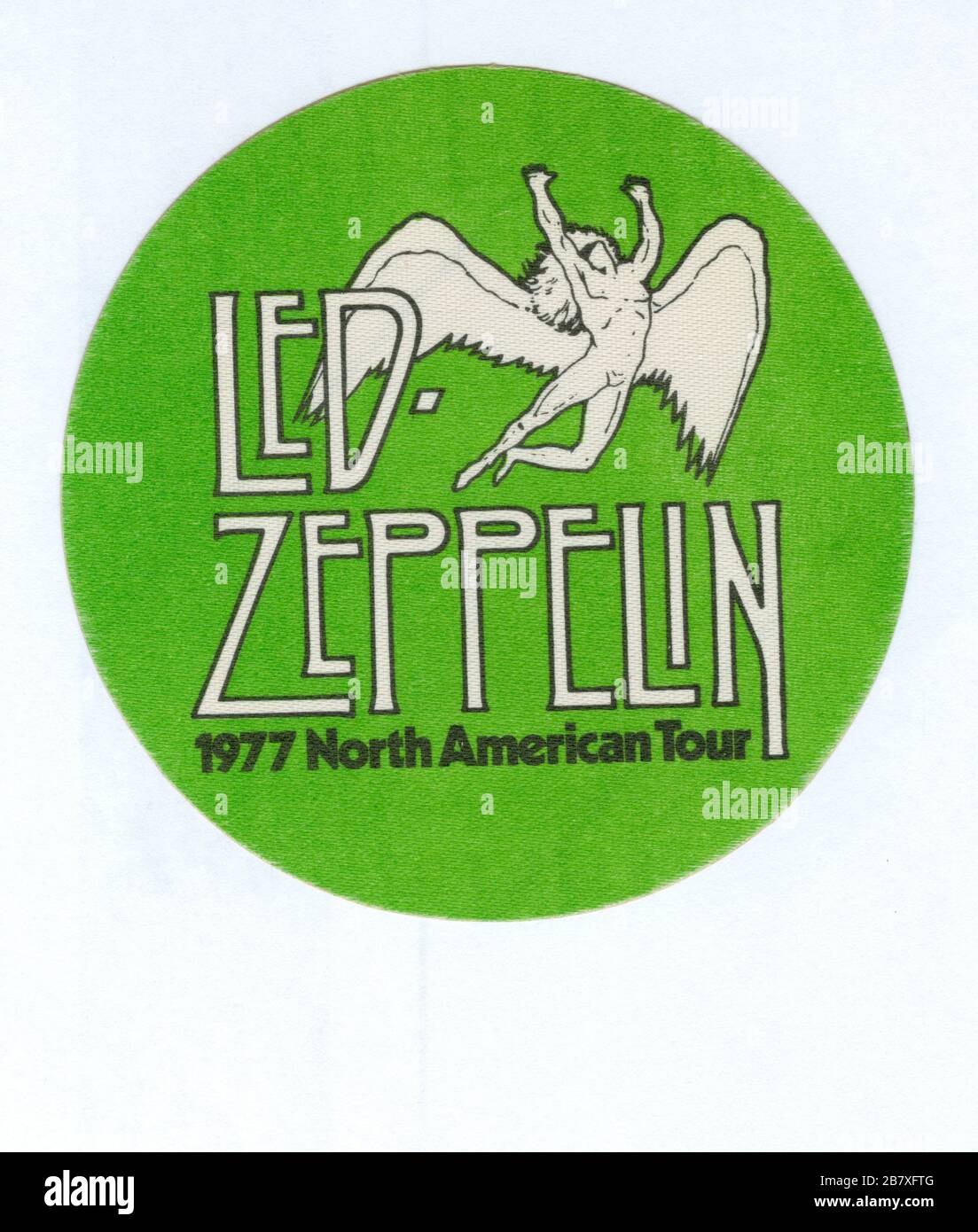 Led Zeppelin's official Backstage Pass from their concert at the Chicago Stadium show at Chicago, Illinois on April 7, 1977. This pass was actually Zeppelin's own touring pass. This was not unusual that year, but earlier in the 1970s most bands did not print their own passes.  To see my other Music-related vintage images, Search:  Prestor vintage music Stock Photo
