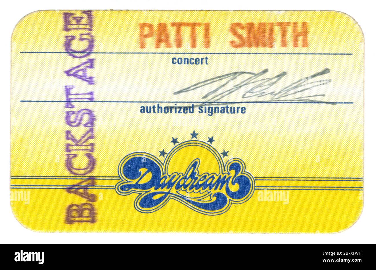 Patti Smith - official Backstage Pass from her concert at the Oriental Theatre show at Milwaukee, Wisconsin on March 6, 1976. This pass was actually the local concert promoter's pass, because Patti had no official touring pass to provide. This was quite common in the early 1970s; most bands did not print their own passes.  To see my other Music-related vintage images, Search:  Prestor vintage music Stock Photo