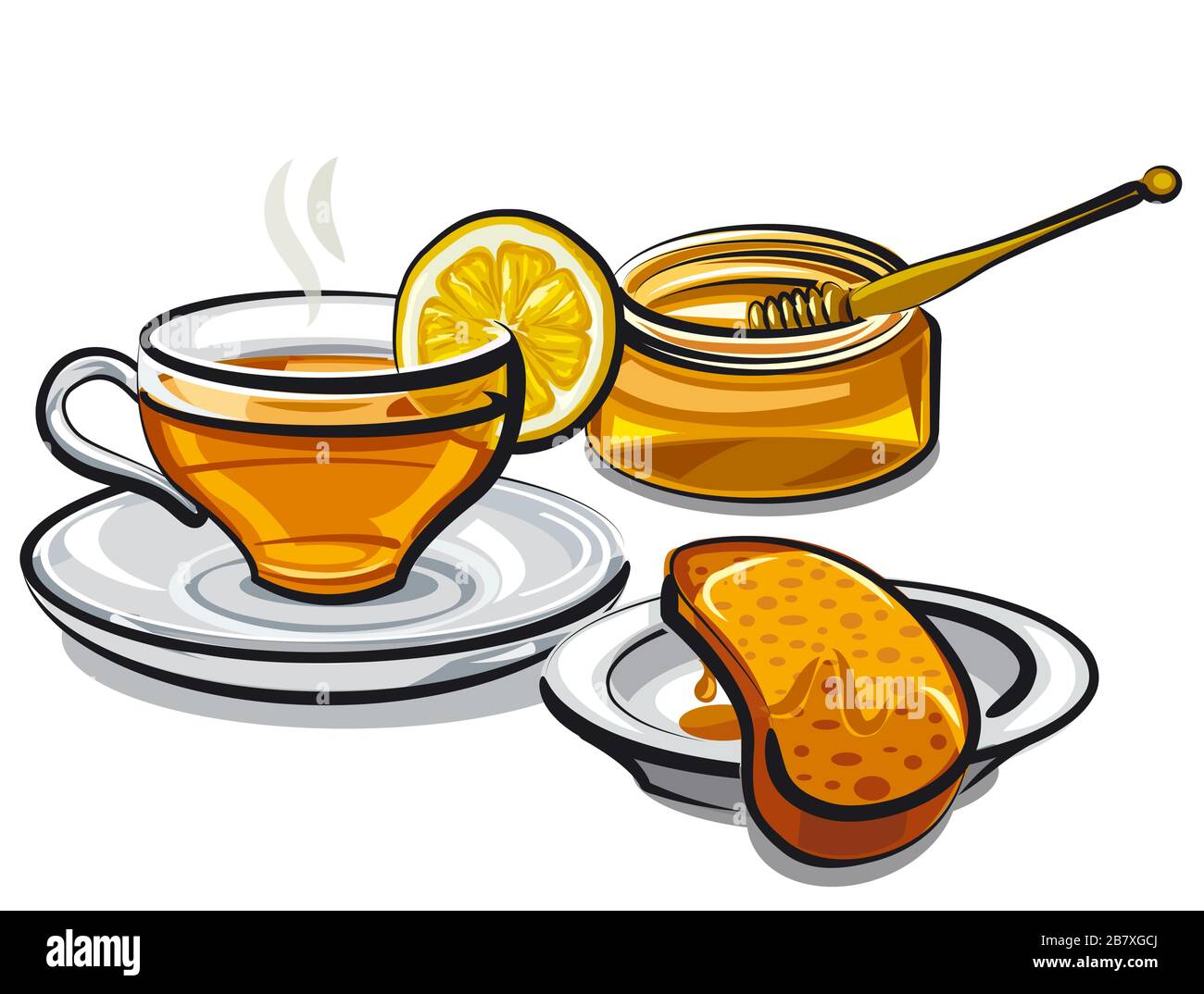 illustration of the hot tea with lemon and honey with a bread Stock