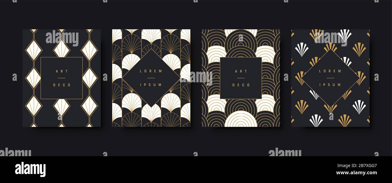 Elegant art deco style greeting card set with abstract geometric gold decoration. Modern golden and black background collection for luxury design or f Stock Vector