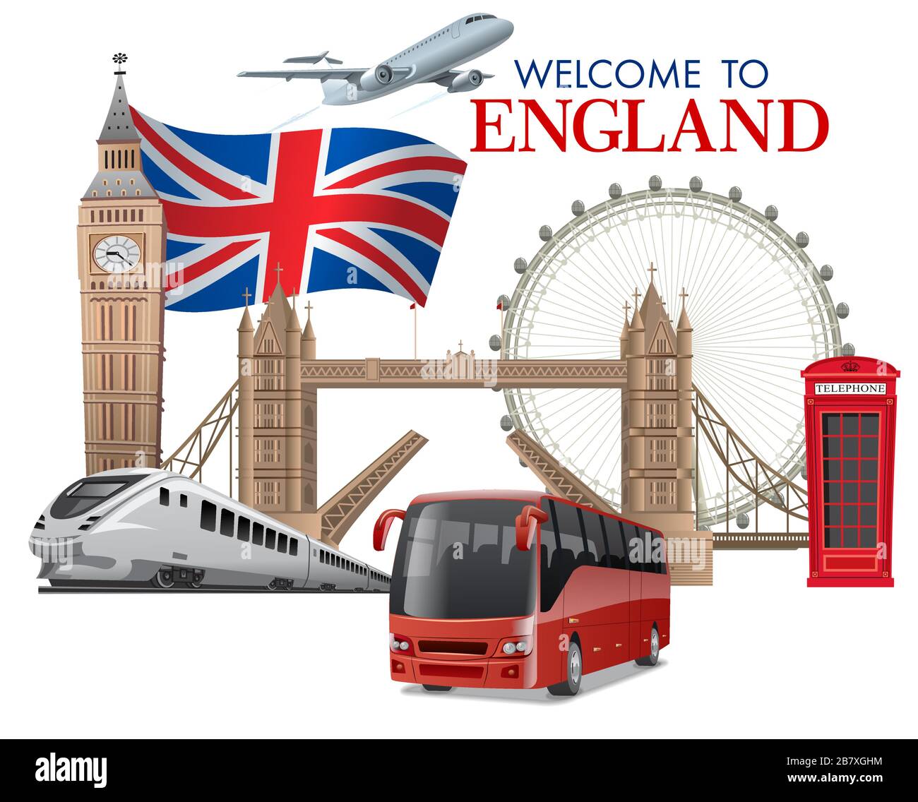 concept illustration of travel and tour in england and london by train, airplane and bus Stock Vector