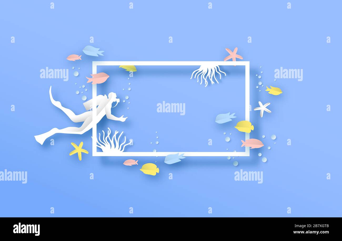 Underwater coral reef paper cut illustration with colorful tropical fish, turtle and scuba diver man. White copy space frame template, under water ani Stock Vector