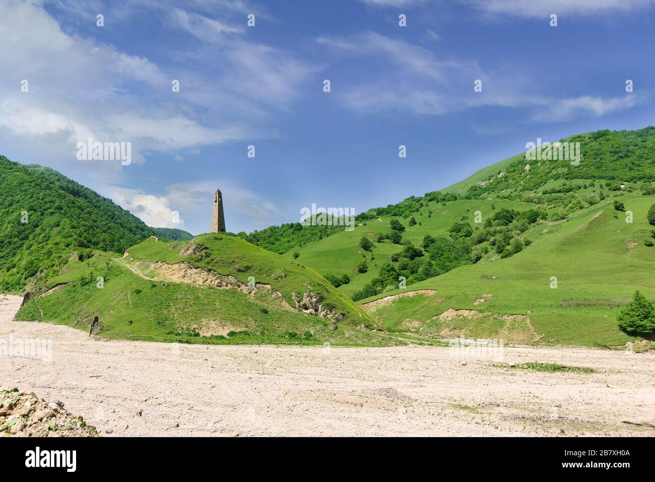 Karacolskiy tower, XIV century. in the eponymous settlement of the II-I Millennium BC, Chechen Republic, Vedeno district, village of kharachoy. Sunny Stock Photo