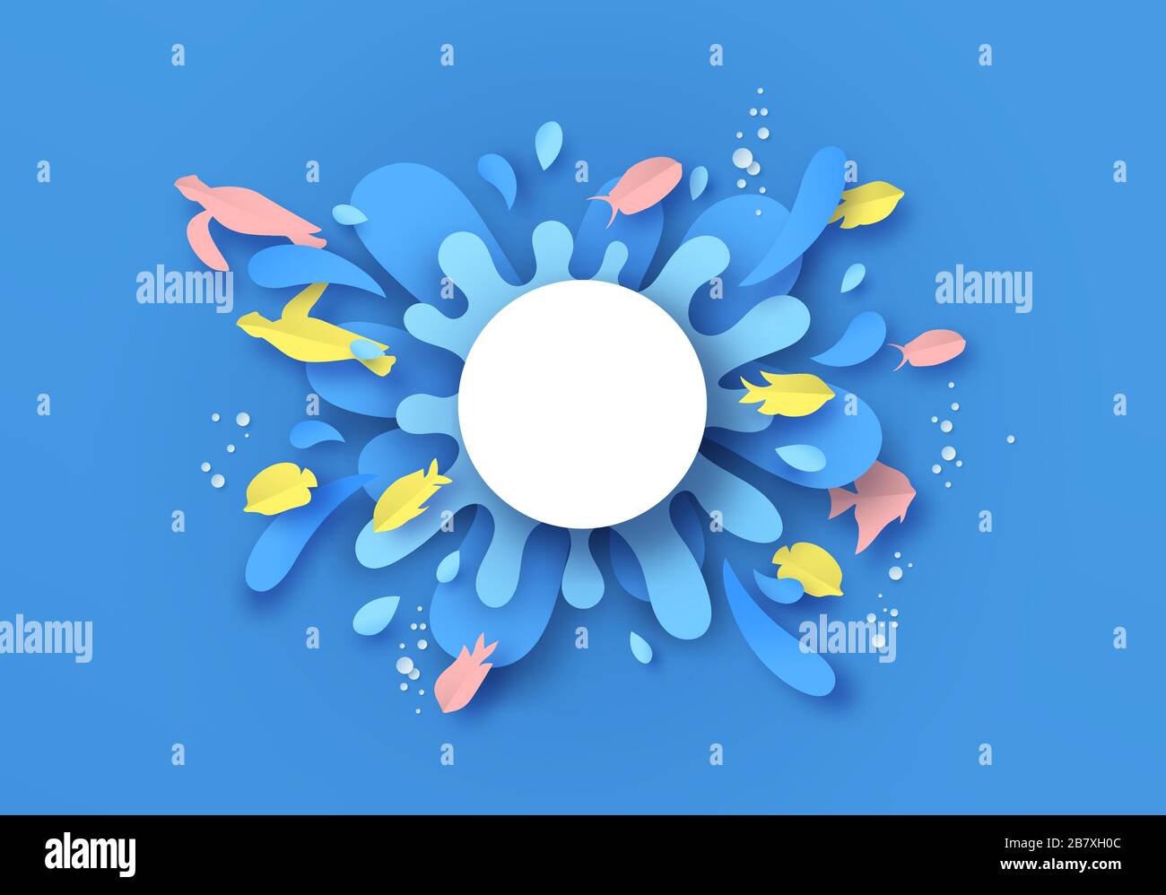 Water splash copy space frame template with colorful papercut fish and turtle on blue background. Marine life decoration in modern 3d origami cutout s Stock Vector