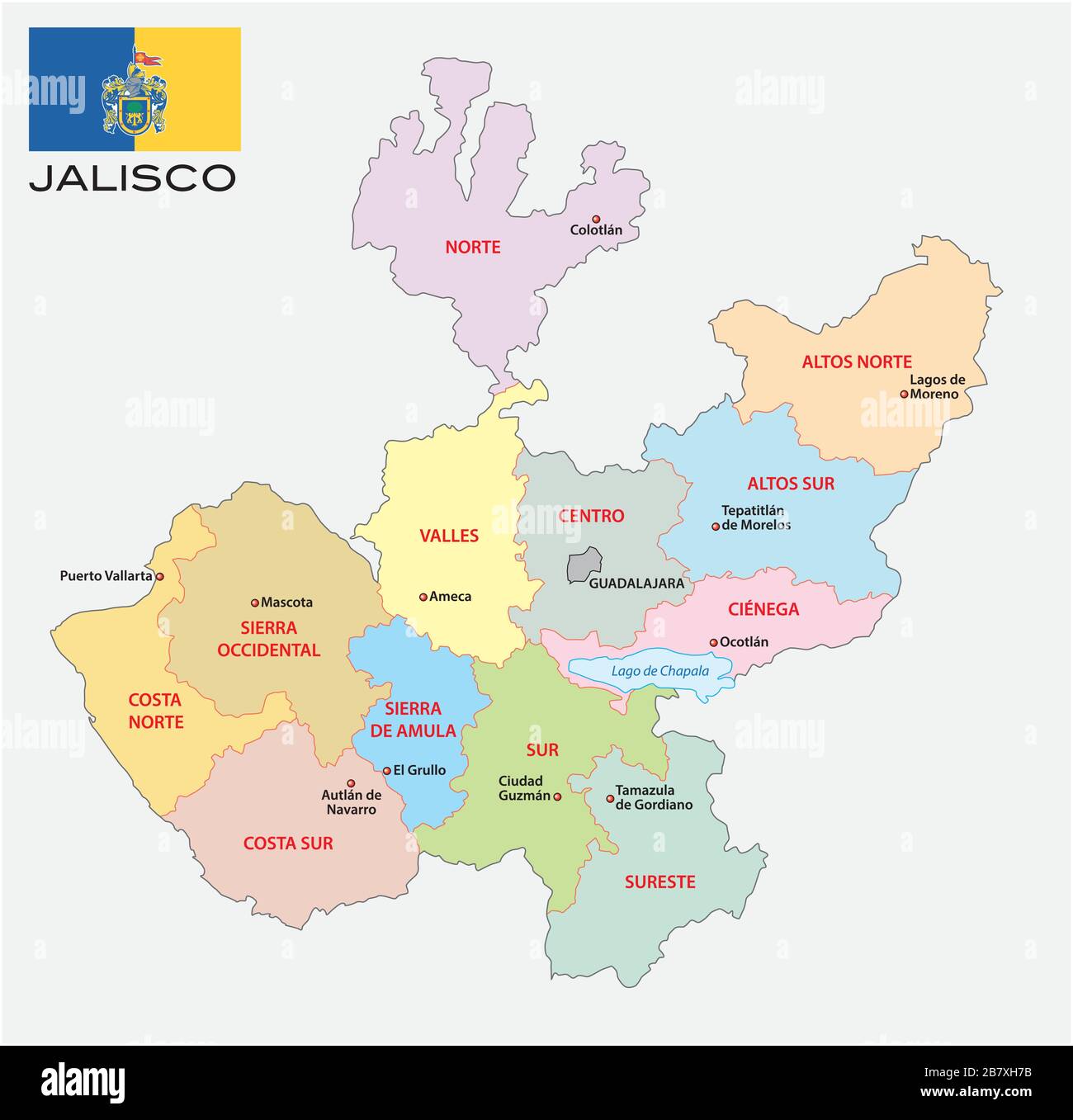 jalisco, administrative and political vector map with flag, mexico Stock Vector