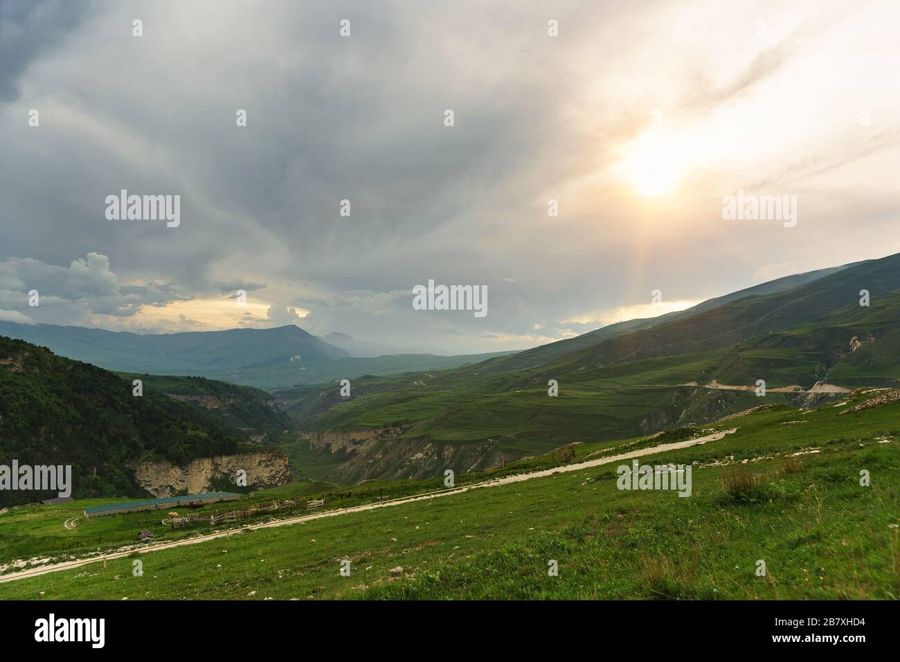 River gorge Okete in the Vedeno district of the Chechen Republic. Picturesque mountain landscape at the sunset of a cloudy day Stock Photo