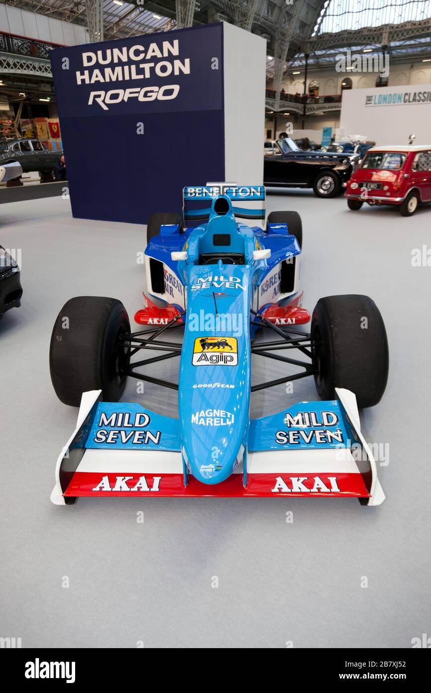 Front view of 1998, Benetton B198 Formula One Car, (Ex Giancarlo  Fisichella, at the 2020 London Classic Car Show Stock Photo - Alamy