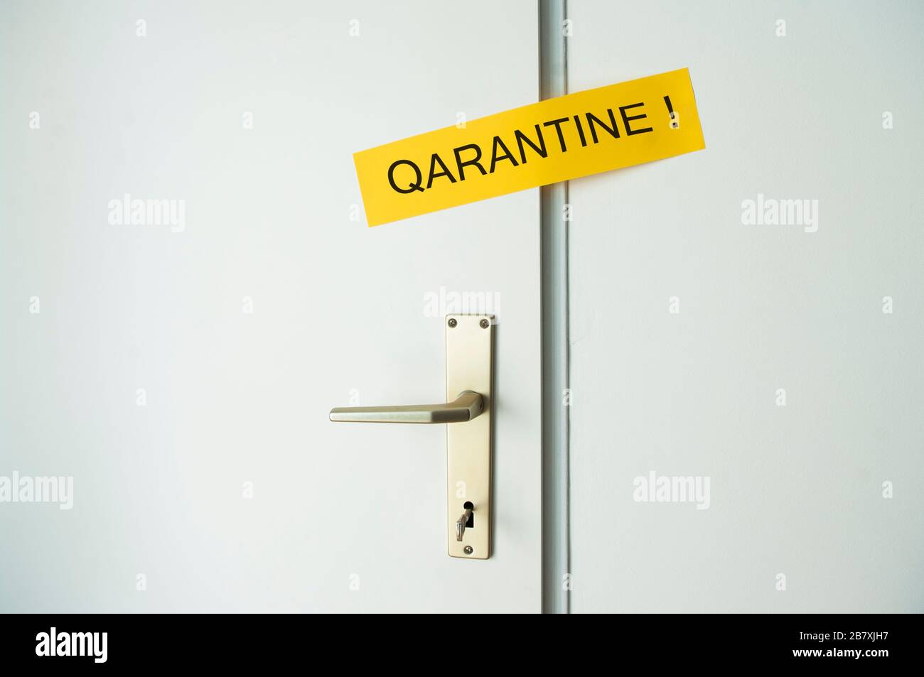 Qarantine virus, locked room, white closed door. Worldwild pandemic,security health. Stock Photo