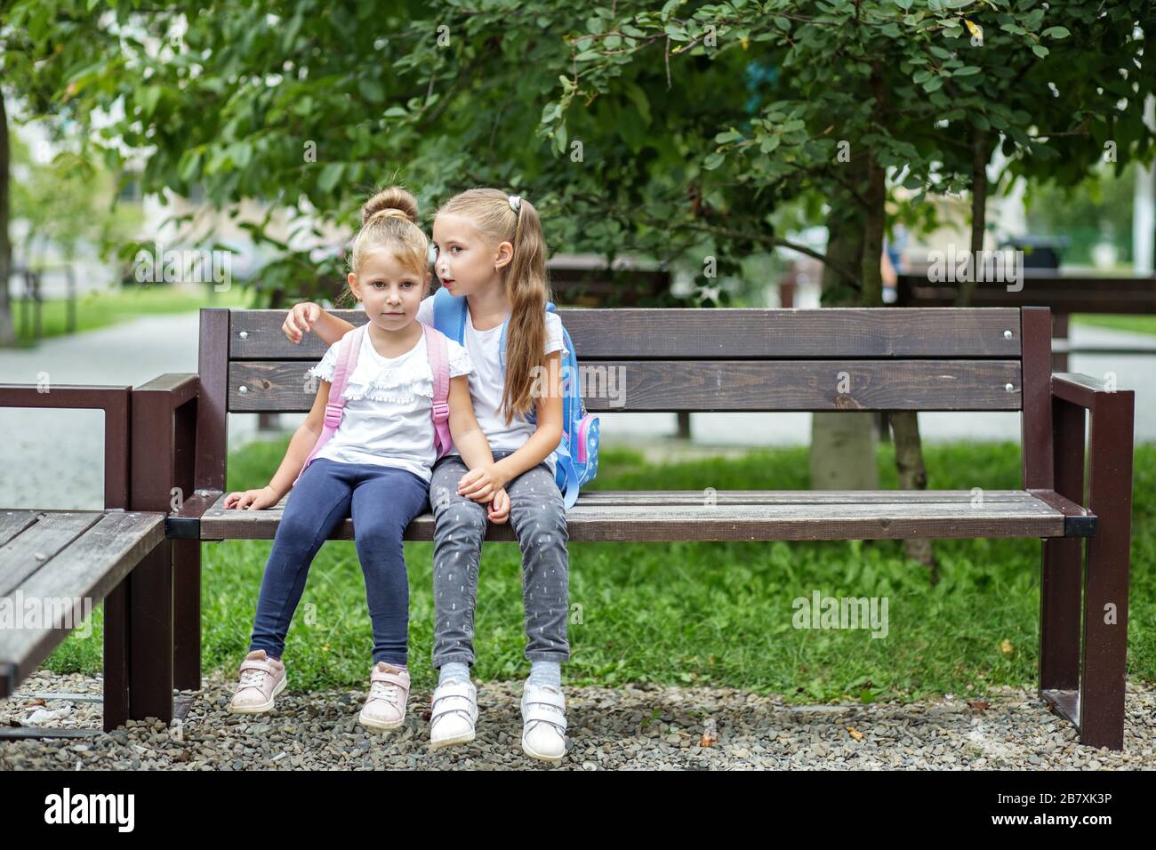 Two small children tell secrets on a bench. The concept is back to school, family, friendship and childhood. Stock Photo
