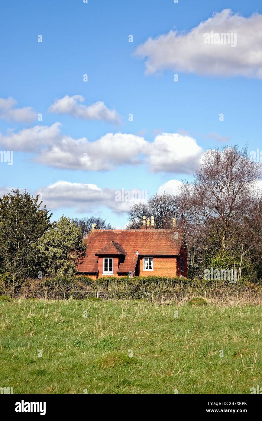 An isolated red bricked and tiled cottage on Ranmore Common Surrey Hills Dorking Surrey England UK Stock Photo