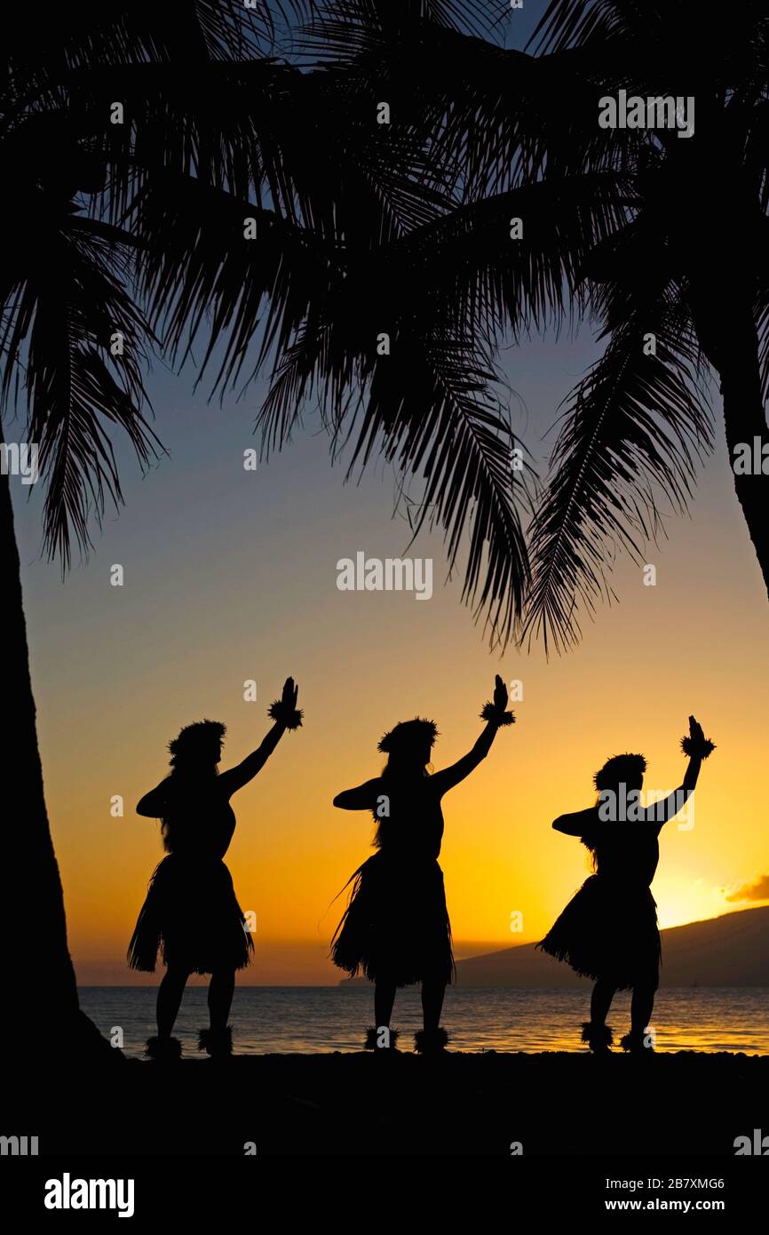 Three hula dancers at sunset at Olowalu, Maui, Hawaii. Stock Photo