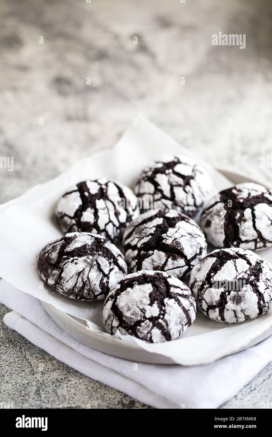 chocolate cookies. homemade chocolate crinkles cookies powdered sugar