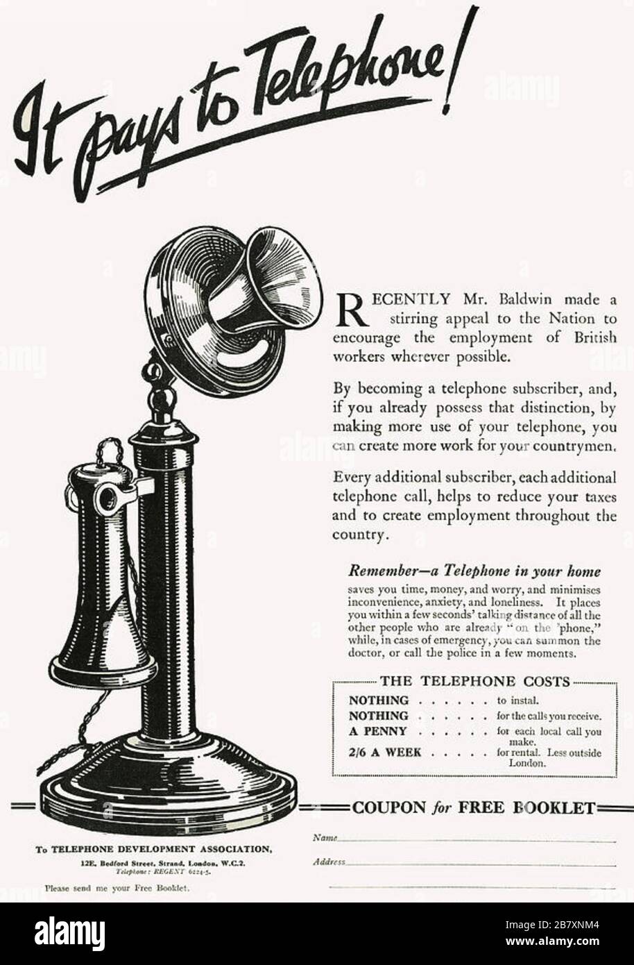 IT PAYS TO TELEPHONE ! American advert with candlestick phone about 1912  Stock Photo - Alamy