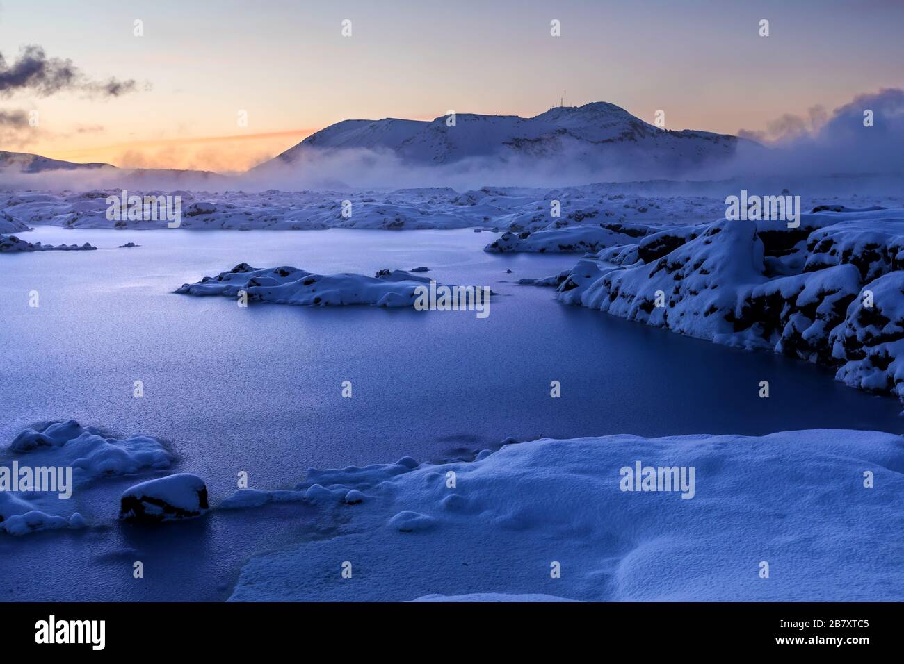 In 1976, a pool formed at the site from the waste water of the geothermal power plant that had just been built there. In 1981, people started bathing Stock Photo