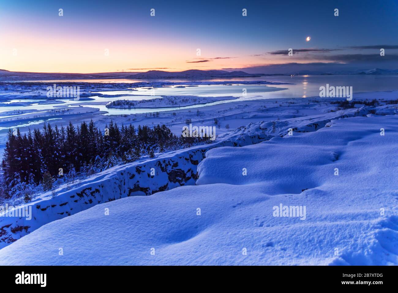 The Þingvellir area is a part of the North Atlantic rift system, almost entirely nested within the Reykjaneshryggur-Langjökull rift system. Stock Photo