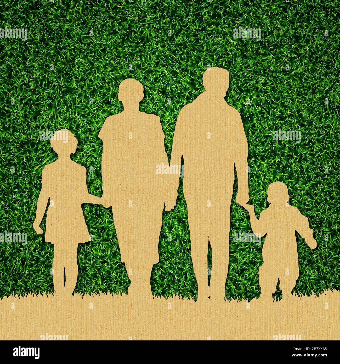 Family concept illustration with cardboard cut out on grass Stock Photo Alamy