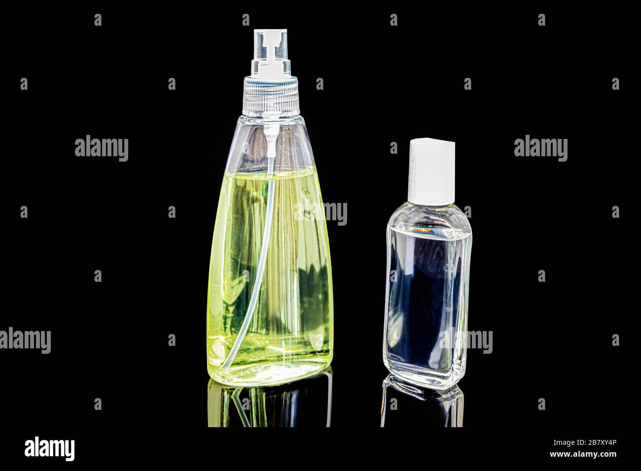 Hydroalcoholic hand gel, antibacterial gel to prevent illness and Coronavirus, isolated on black Stock Photo