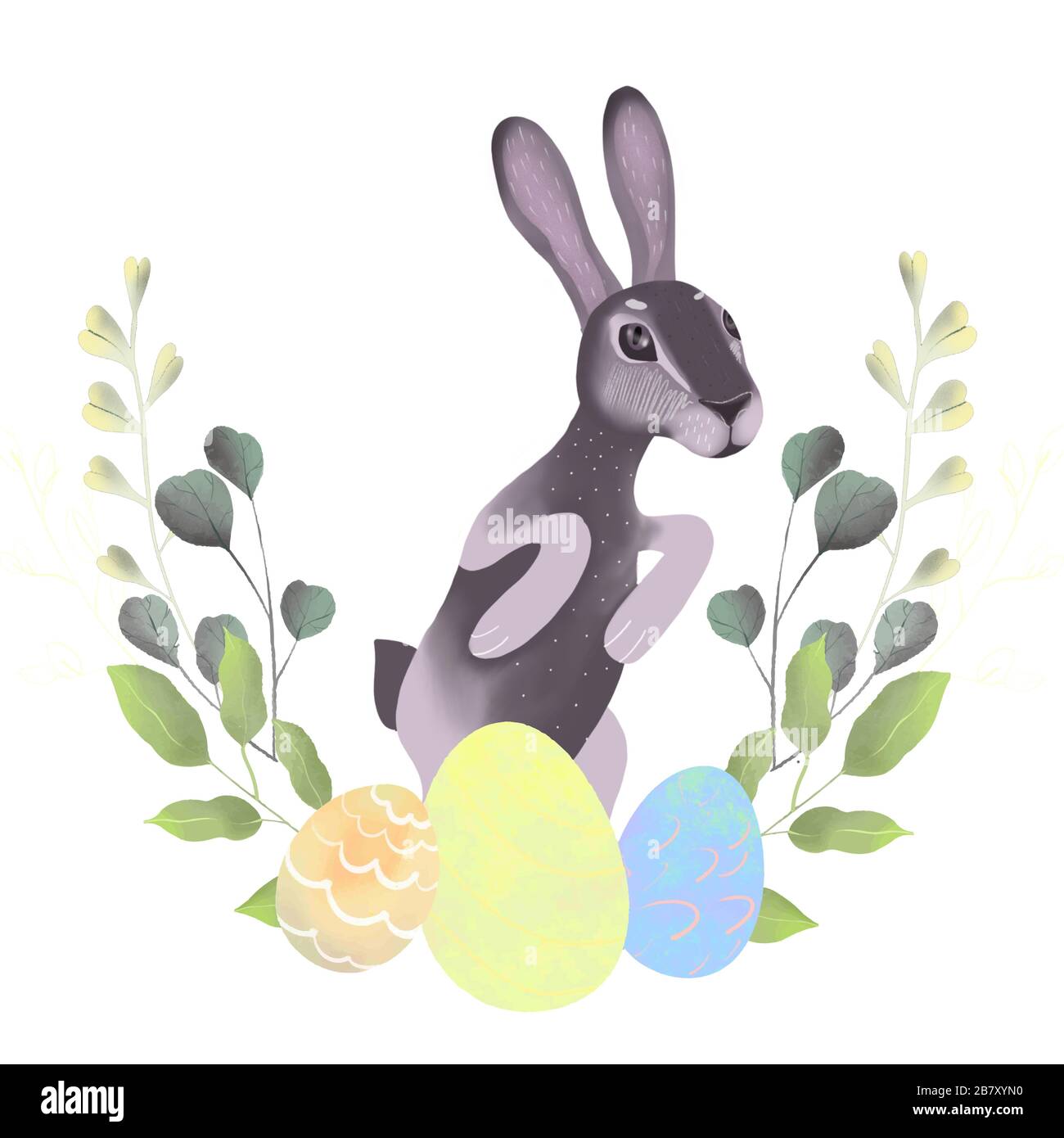 Vintage easter bunnies with eggs and willow branches. illustration