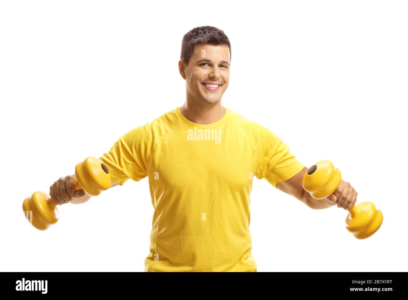 Man exercising with weights isolated on white background Stock Photo