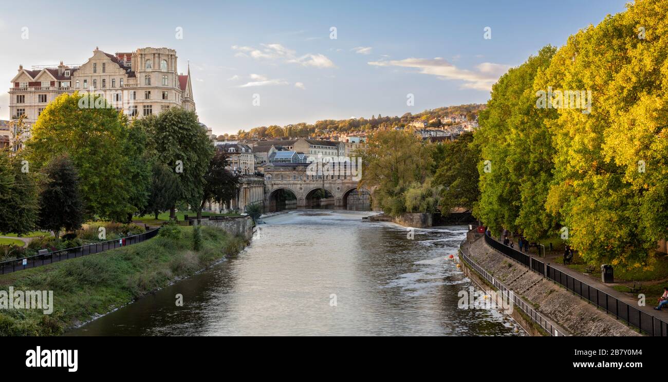 Evening view over River Avon and city of Bath, Somerset, England, UK Stock Photo