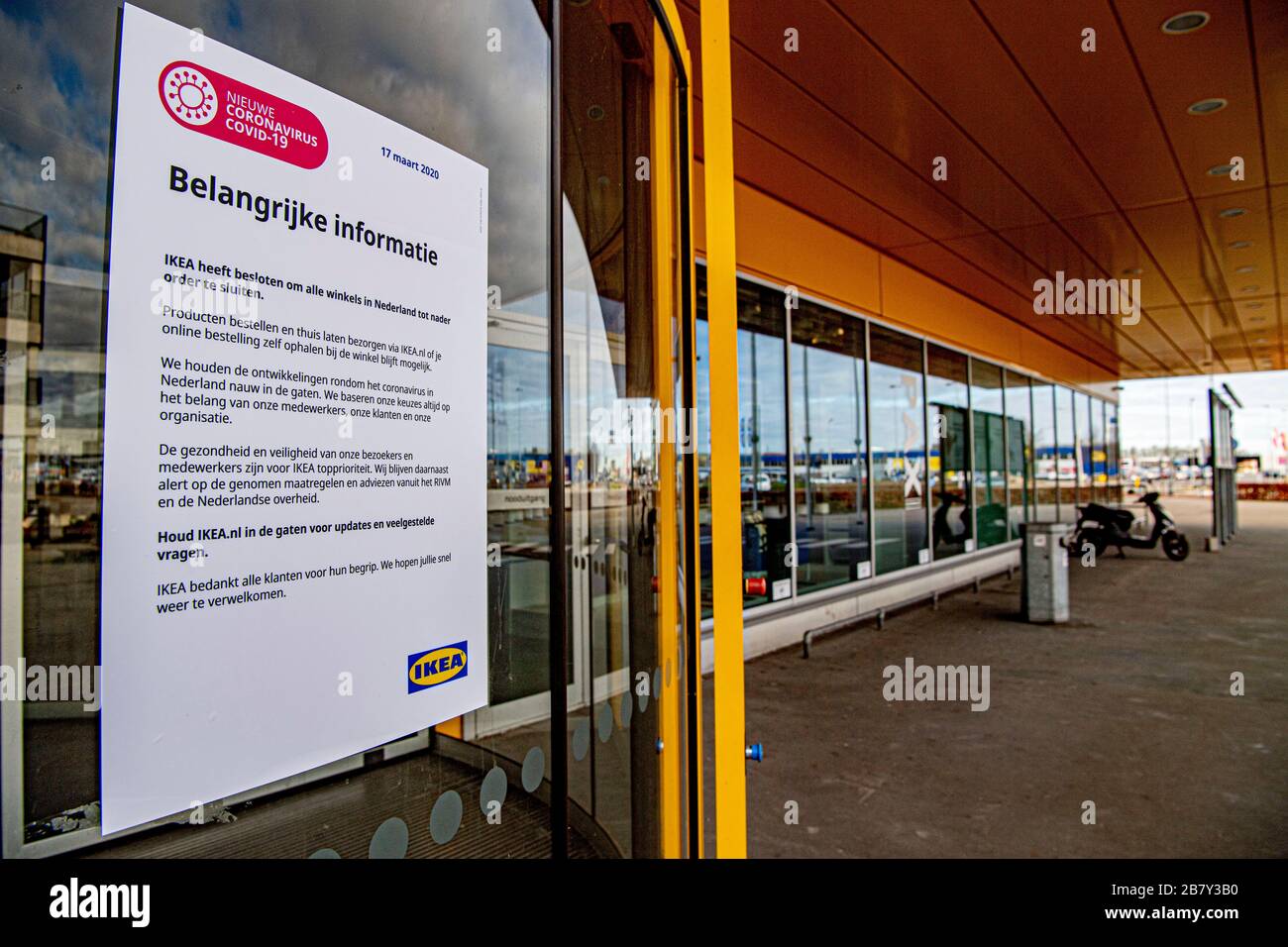 a notice is being displayed at the entrance of a ikea store informing customers that the store will be closed until further notice ikea is closing all its stores in the netherlands as