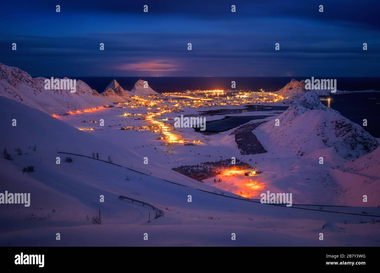 Sorland village on Vaeroy Island in winter night, Lofoten, Norway Stock Photo