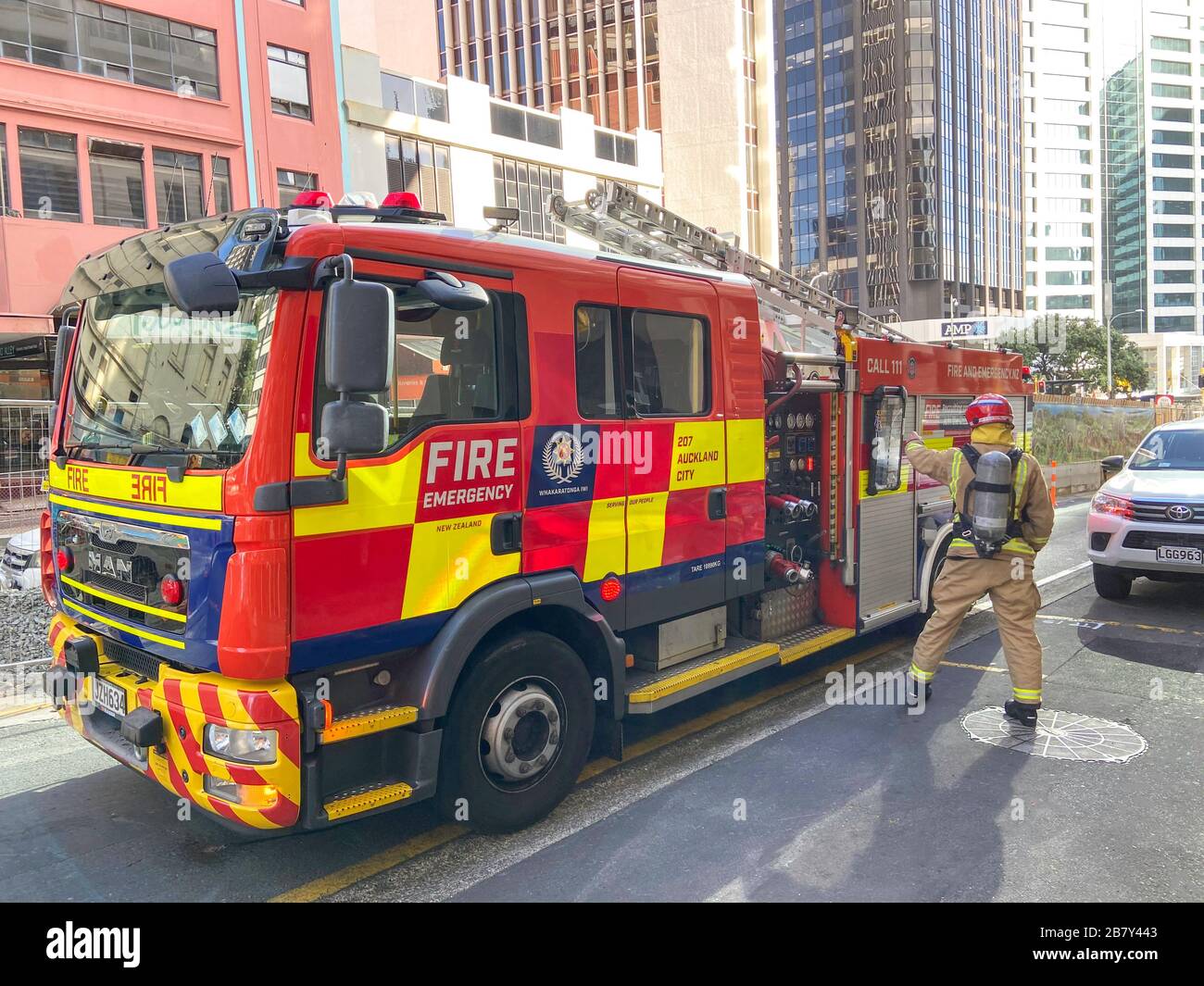 Fire engine on call, Albert Street, City Centre, Auckland, Auckland Region, New Zealand Stock Photo